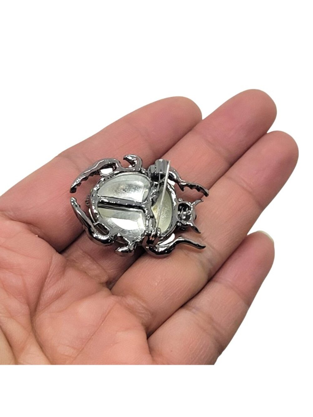 Vintage Vibes Green Beetle Brooch Scarab Pin Emerald Rhinestone Silver Tone 1.5" - Picture 3 of 5